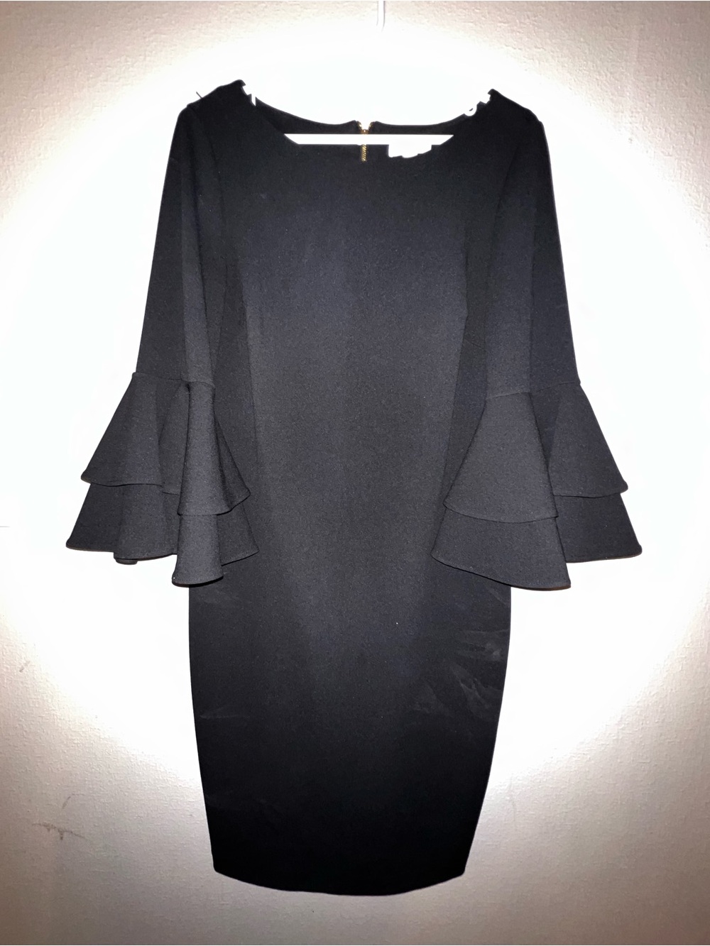 Size 10 Calvin Klein Black Long Sleeve Sheath Dress with Ruffle Tier Sleeves
